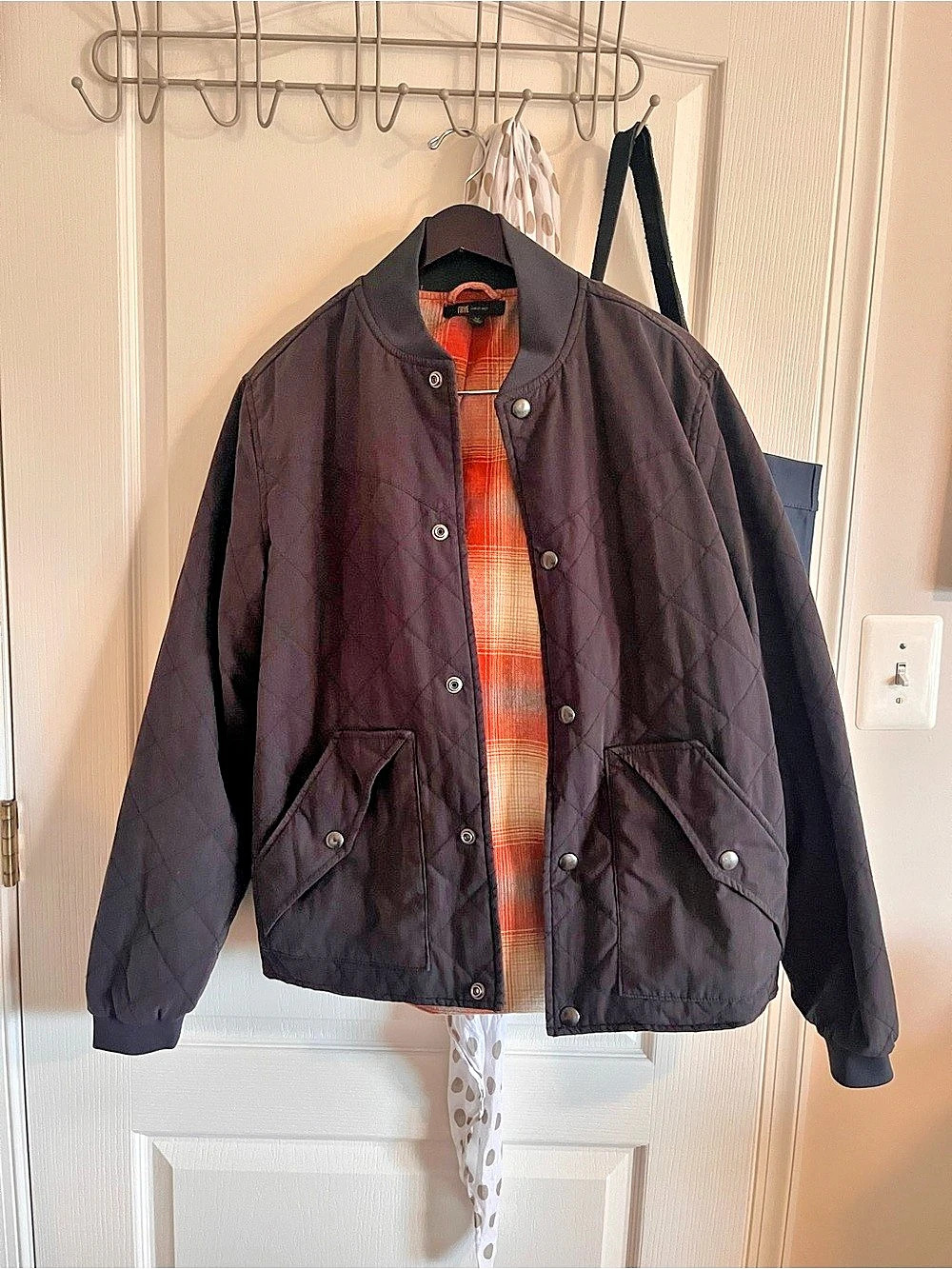 FRYE Plaid-Lined Barn Bomber Jacket in Black Size Medium